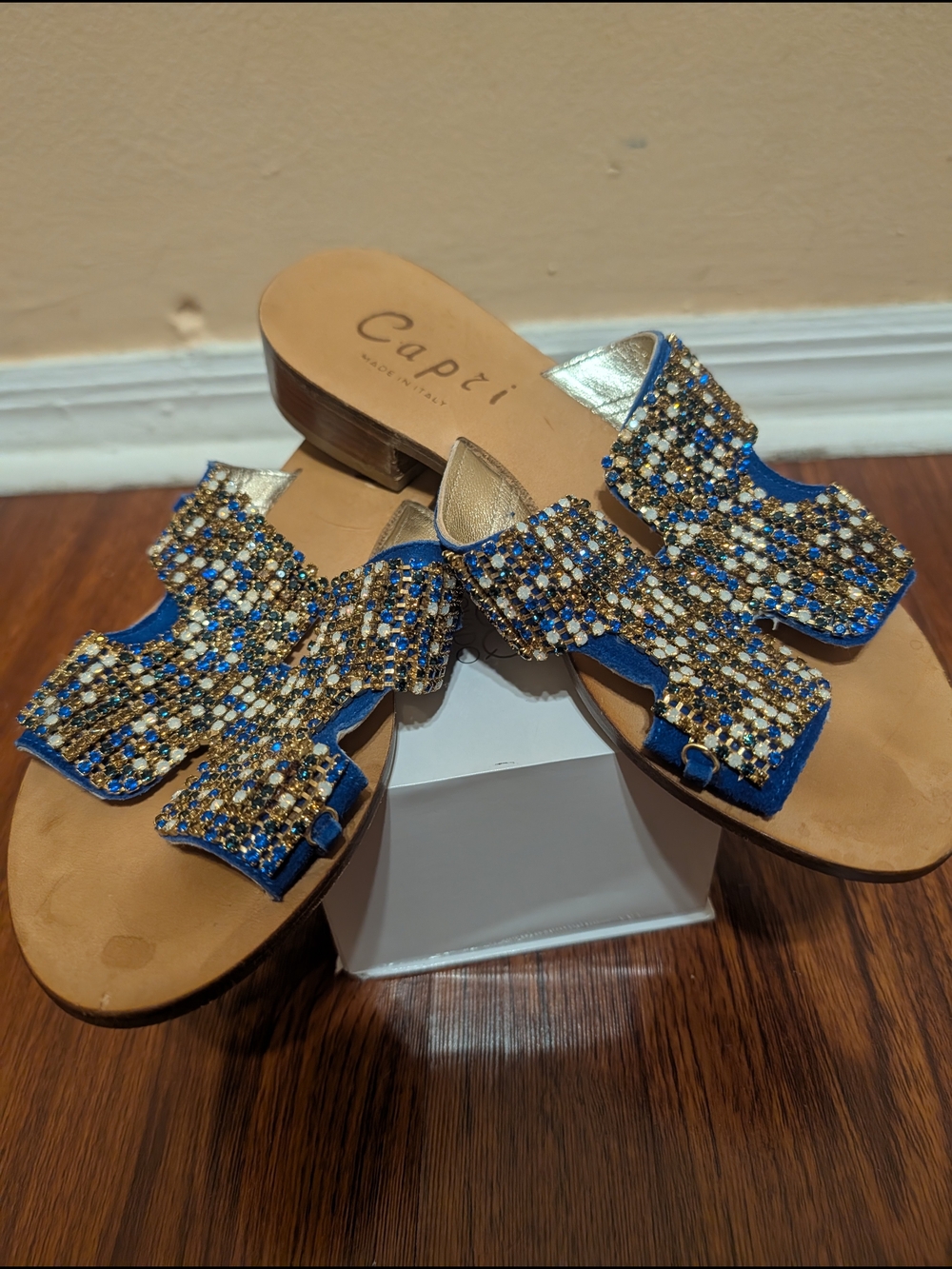 Vero Cuoio Blue and Gold Beaded Slide Sandals